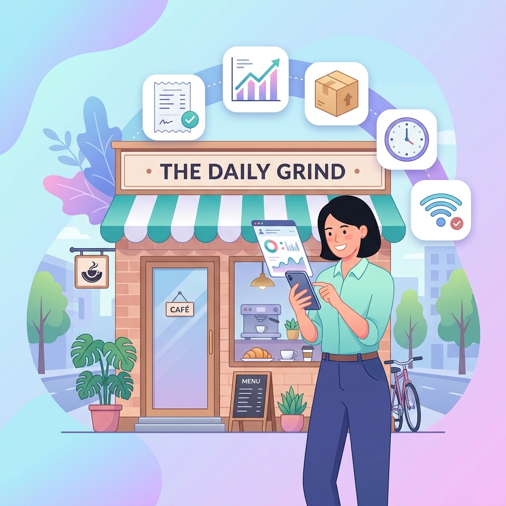 Business owner managing their shop with Vikibill